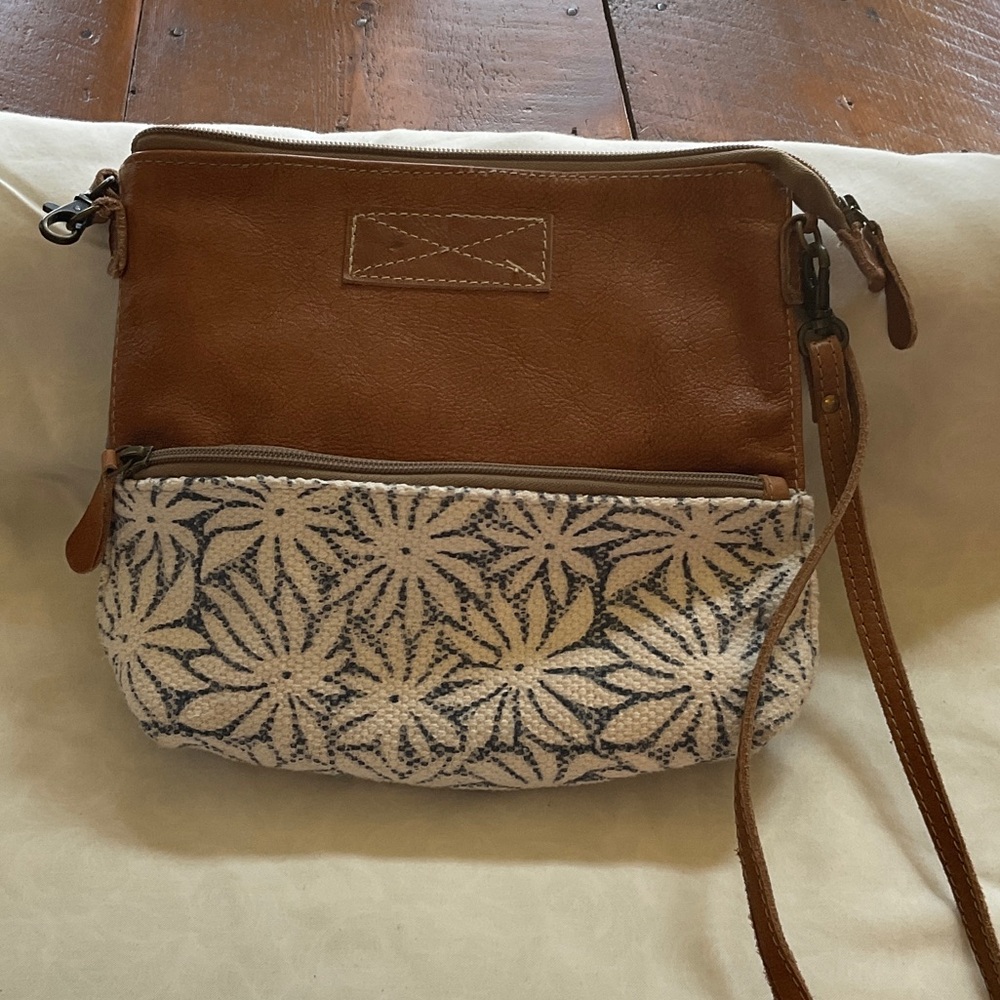 Myra Bag Brown Leather and Cream Floral Crossbody Bag